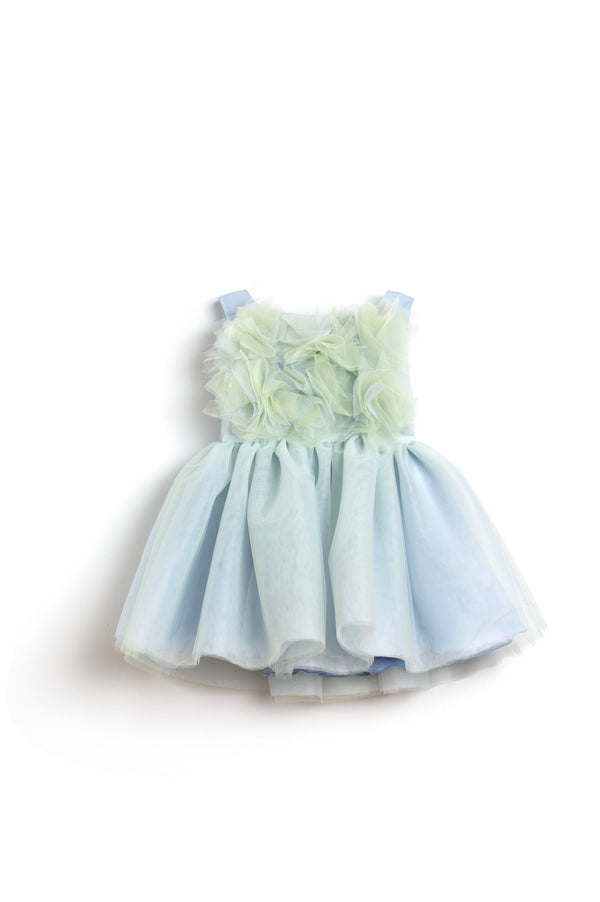 Abito smanicato con fiori in tulle bicolor