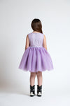 Abito smanicato con fiori in tulle bicolor