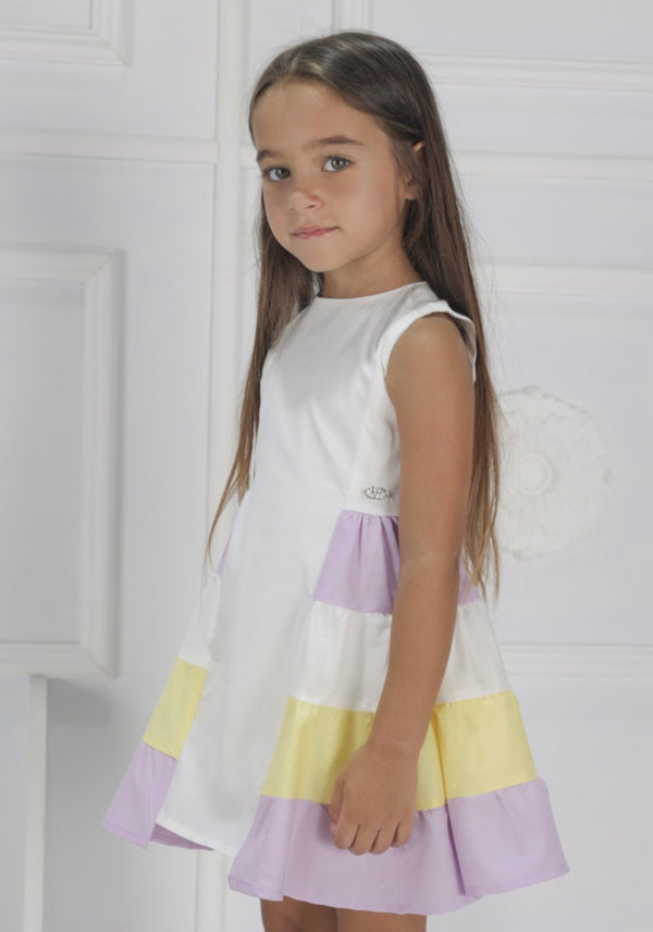 Abito smanicato con balze multicolor