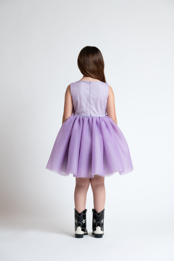 Abito smanicato con fiori in tulle bicolor